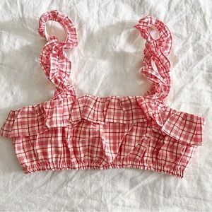 Plaid red and white ruffle crop top bralette top, summer picnic bandeau